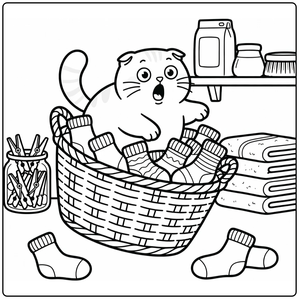 Crazy cat coloring pages: shocked Scottish Fold in sock basket