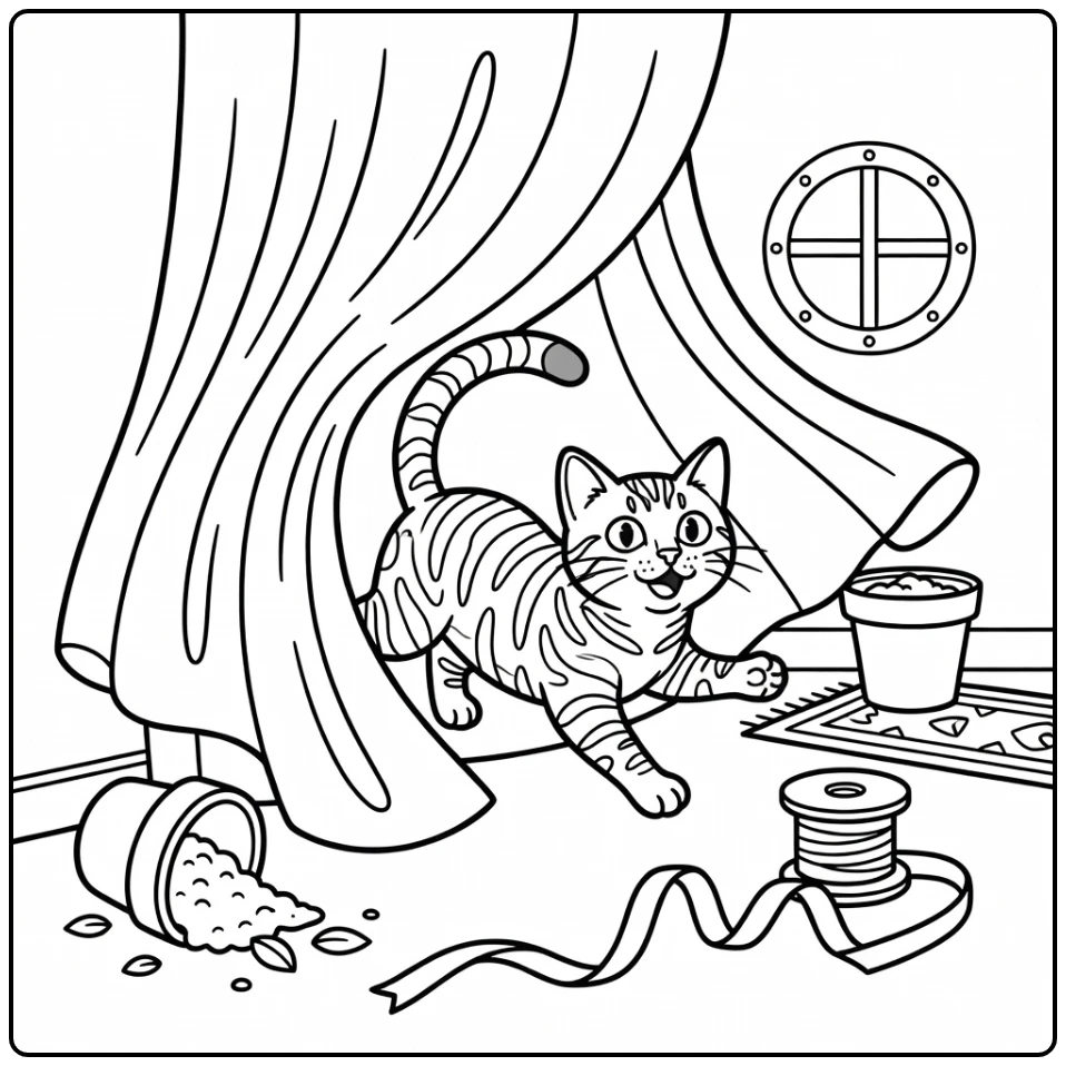 Crazy cat coloring pages: Bengal tangled in curtain chasing tail