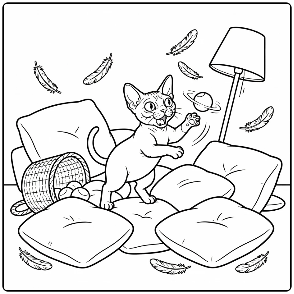 Crazy cat coloring pages: Devon Rex in cushion chaos