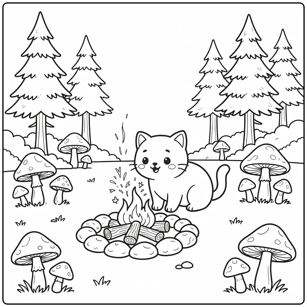 Cute cat by campfire watching sparks in woods cat coloring pages