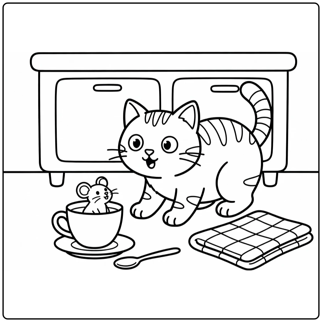 Cat and mouse coloring pages: tabby cat surprised by teacup mouse