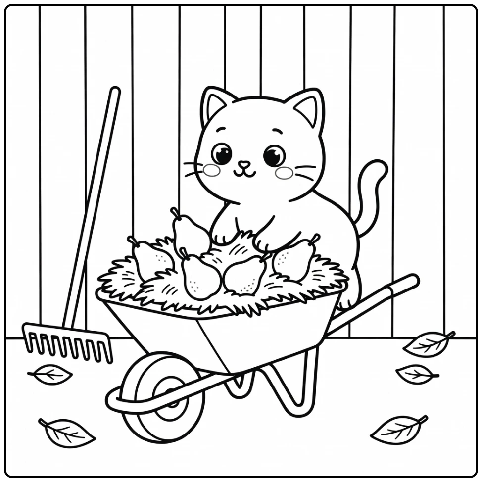Cute cat over hay-filled wheelbarrow with pears, cat coloring pages