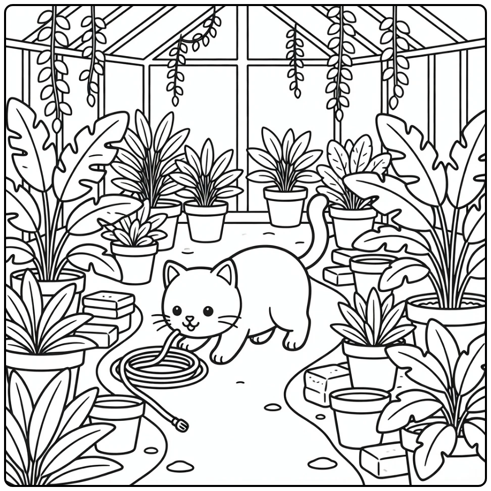 Cat sniffing hose in greenhouse path cat coloring pages