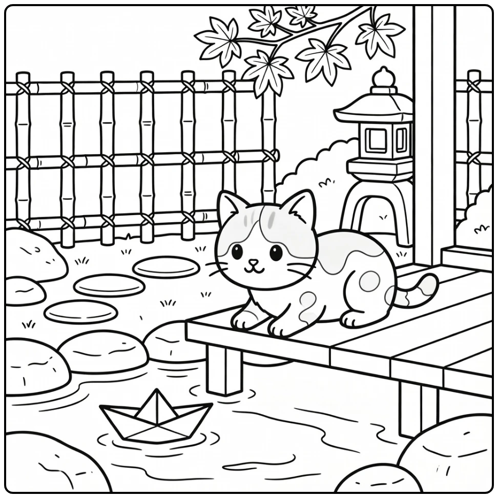 Calico Japanese Bobtail cat watches paper boat, japanese cat coloring pages