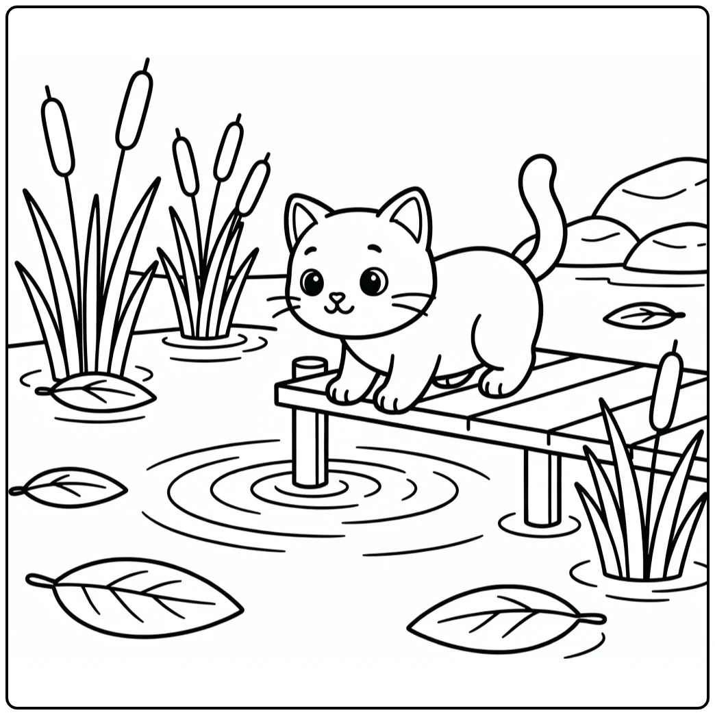 Curious cat on dock watching ripples, cat coloring pages