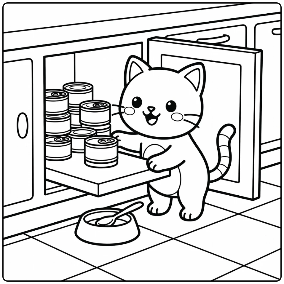 Cat peeking at cat food cans in cupboard, cat food coloring pages