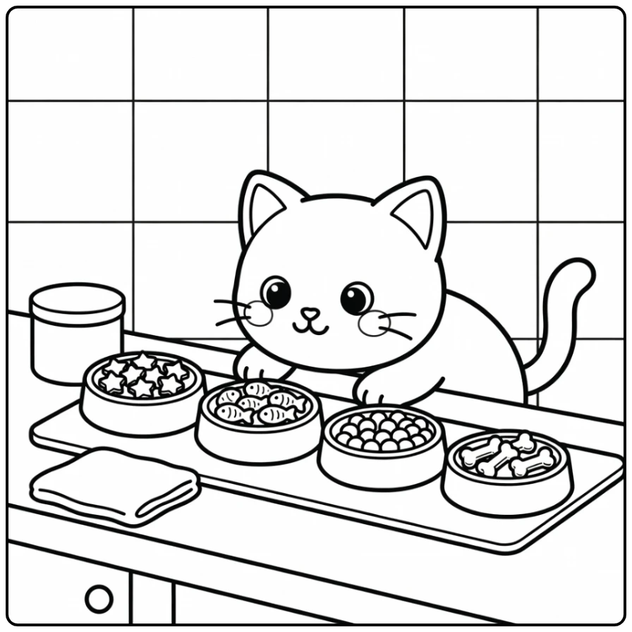 Cute cat sniffing treat bowls on mat, cat food coloring pages