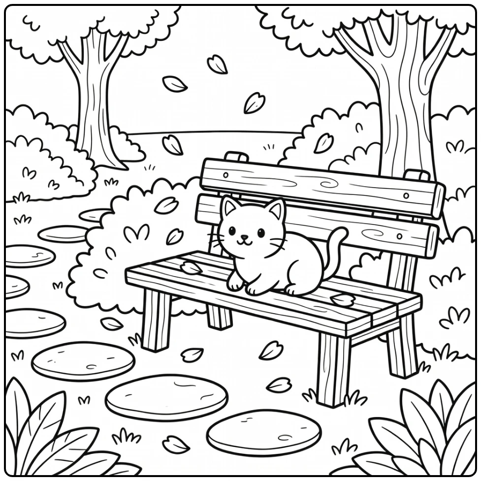 Cat under park bench watching petals, cat coloring pages