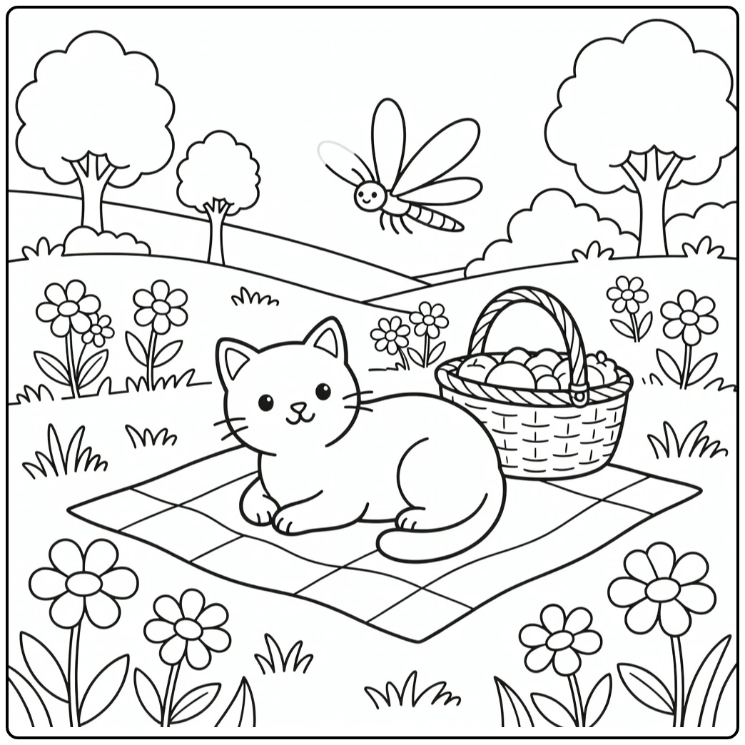 Cat on picnic blanket watches dragonfly in meadow - cat coloring pages