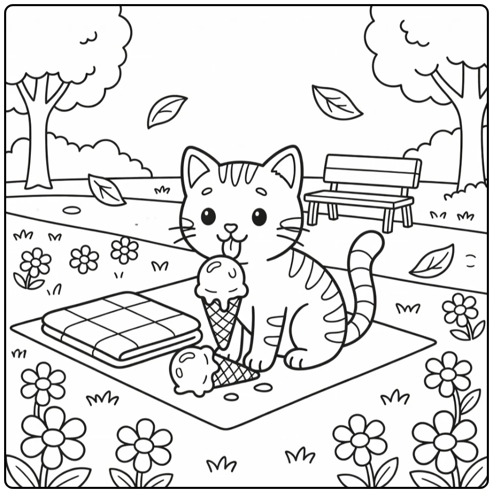 Cat ice cream coloring pages: tabby licks toppled cone