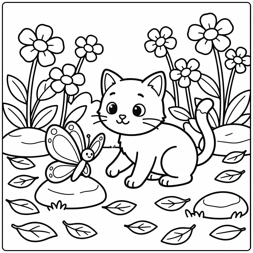 Curious cat crouching by butterfly cat coloring pages