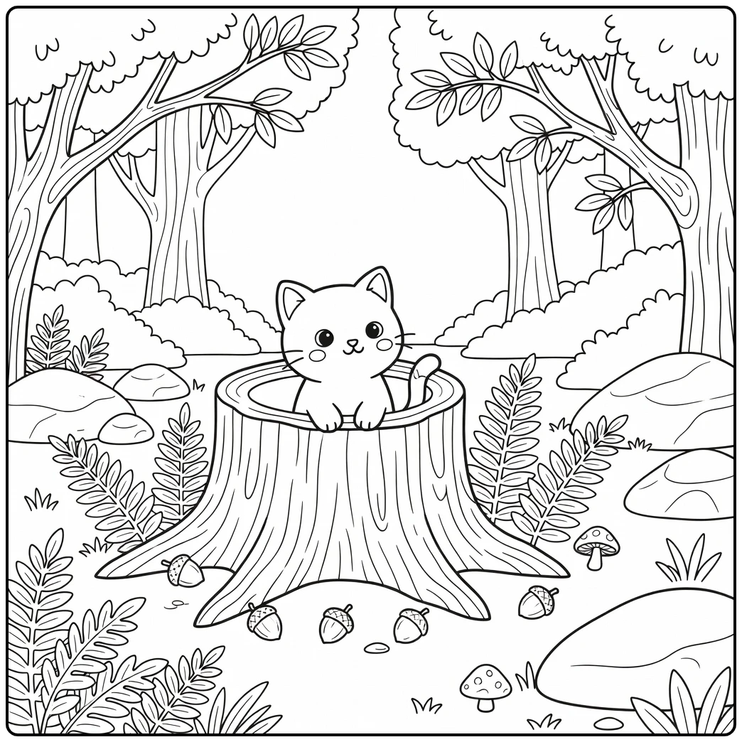 Cute cat peeking from tree stump at acorns, cute cat coloring pages