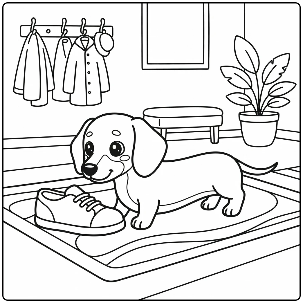 A long Dachshund on a free kawaii dog coloring page inspects a shoe.