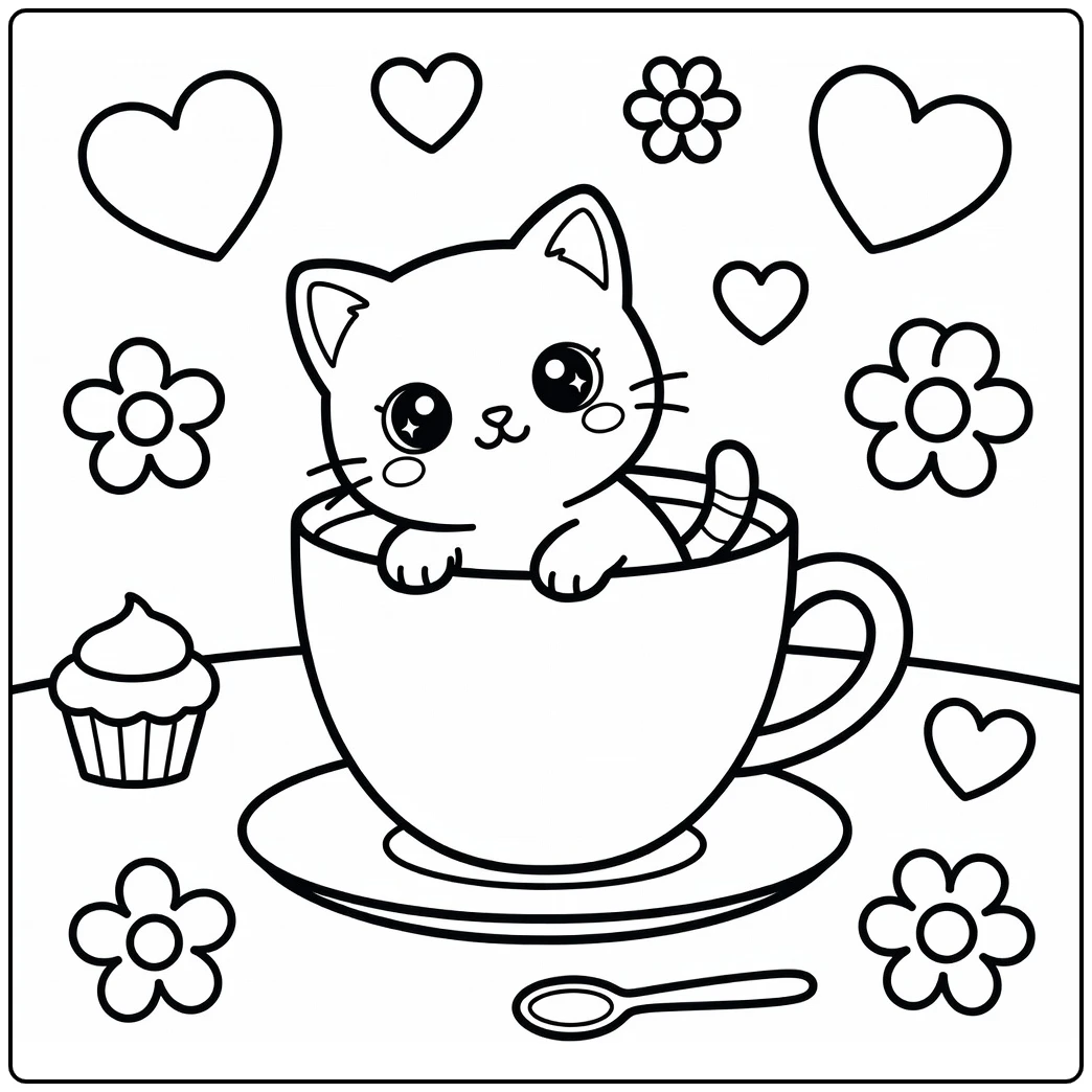 Kawaii kitten peeks from teacup, kawaii kitten coloring pages