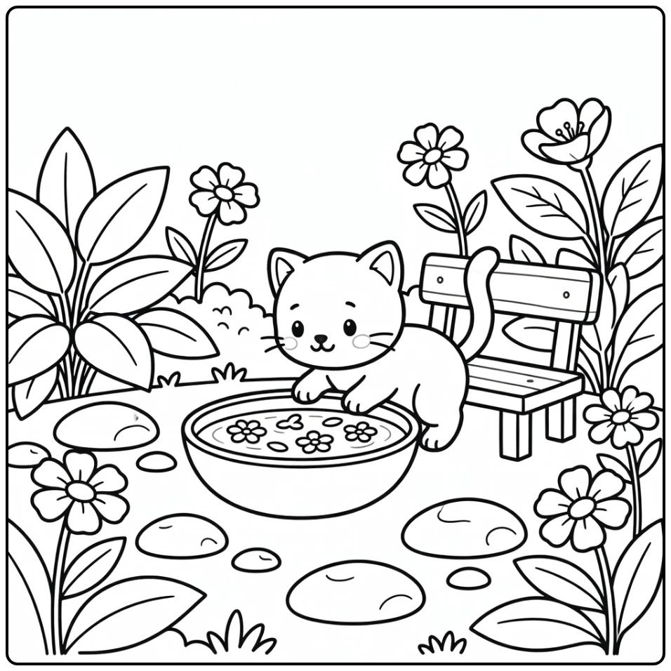 Cute kitten watches floating petals in bowl - kitten coloring pages