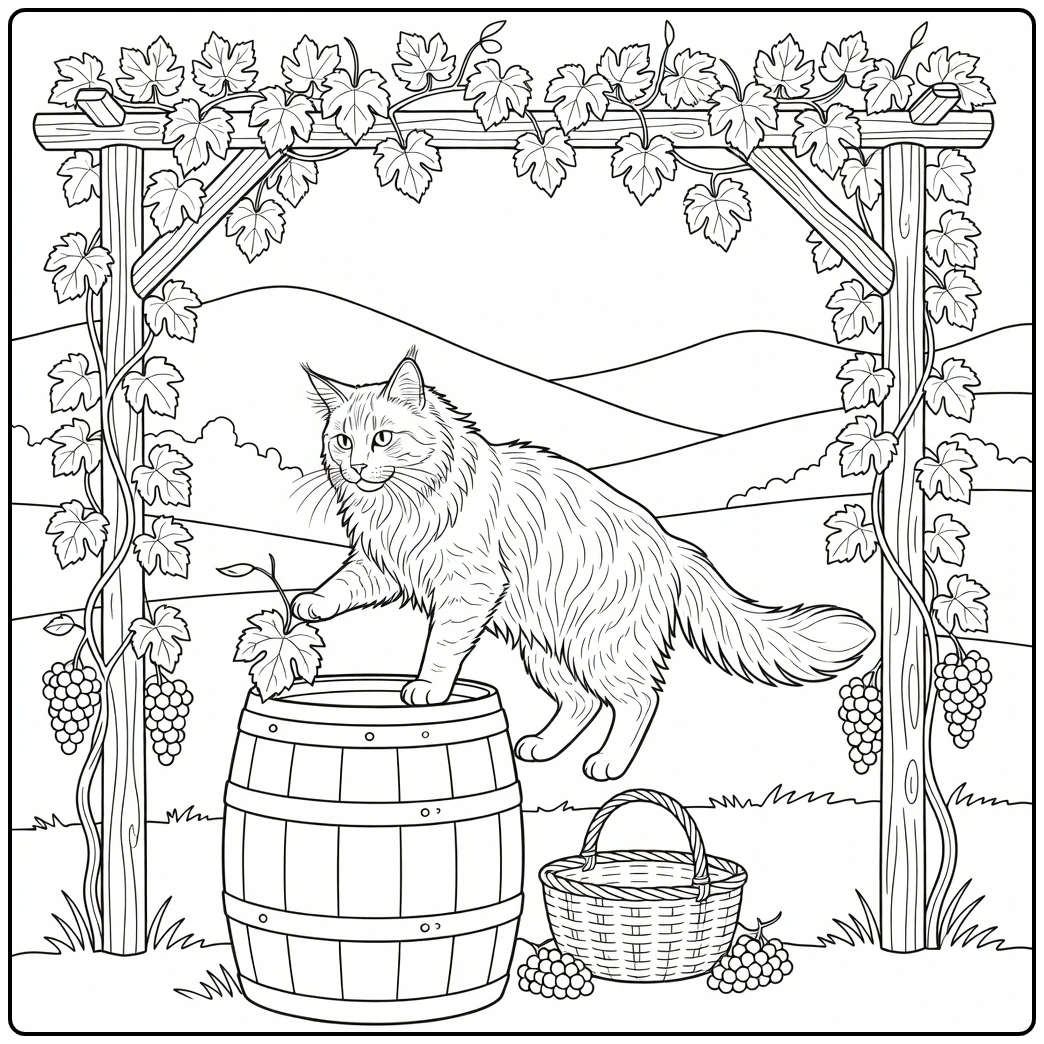 maine coon cat coloring pages: Maine Coon Cat on barrel inspecting leaf