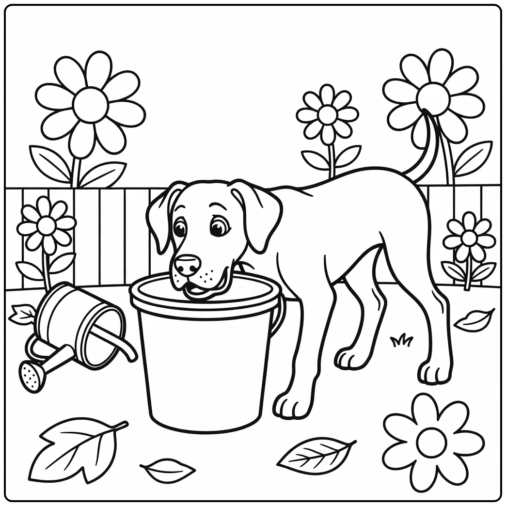 A funny great dane coloring page with a bucket stuck on its head.