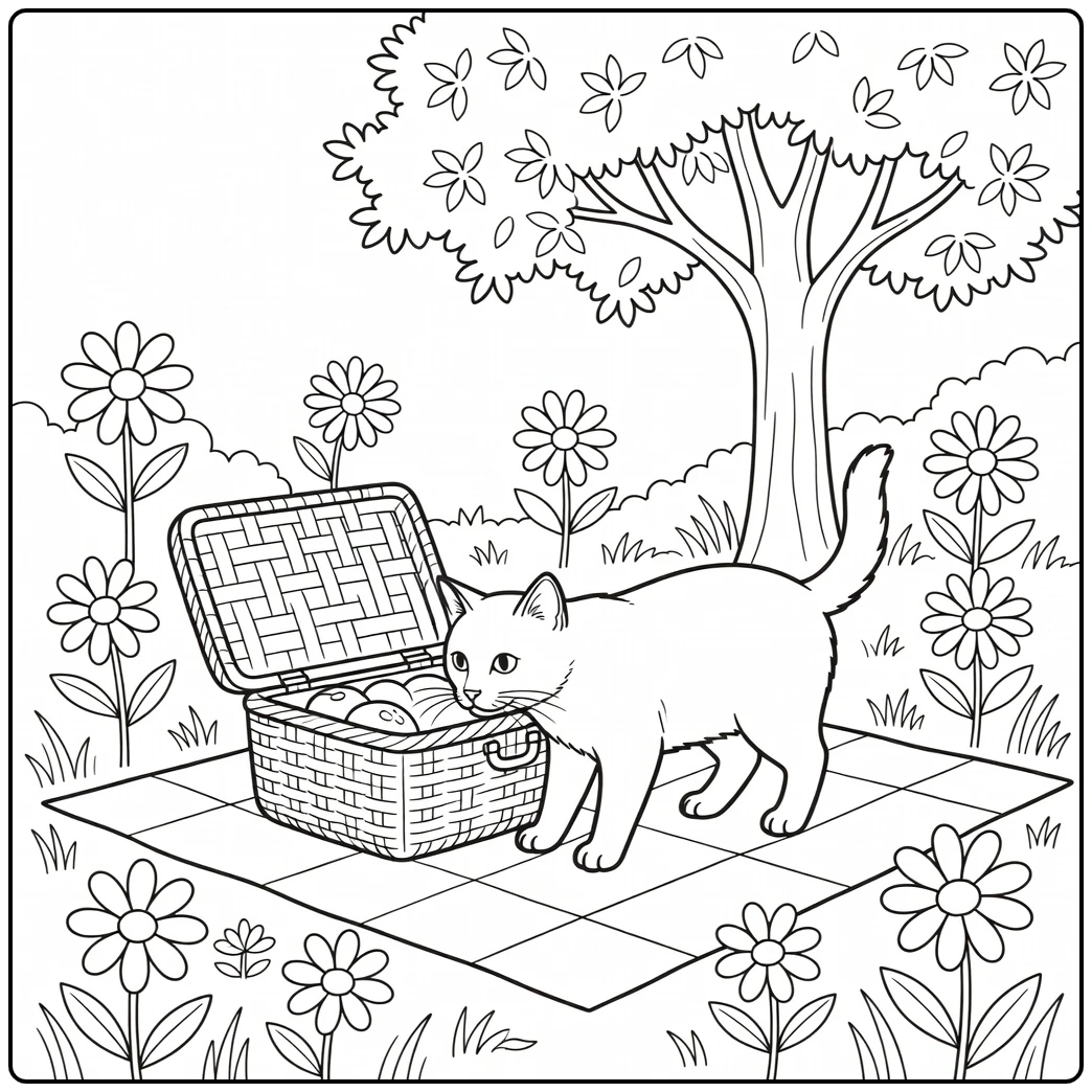 Realistic cat sniffing open picnic basket in meadow, realistic cat coloring pages