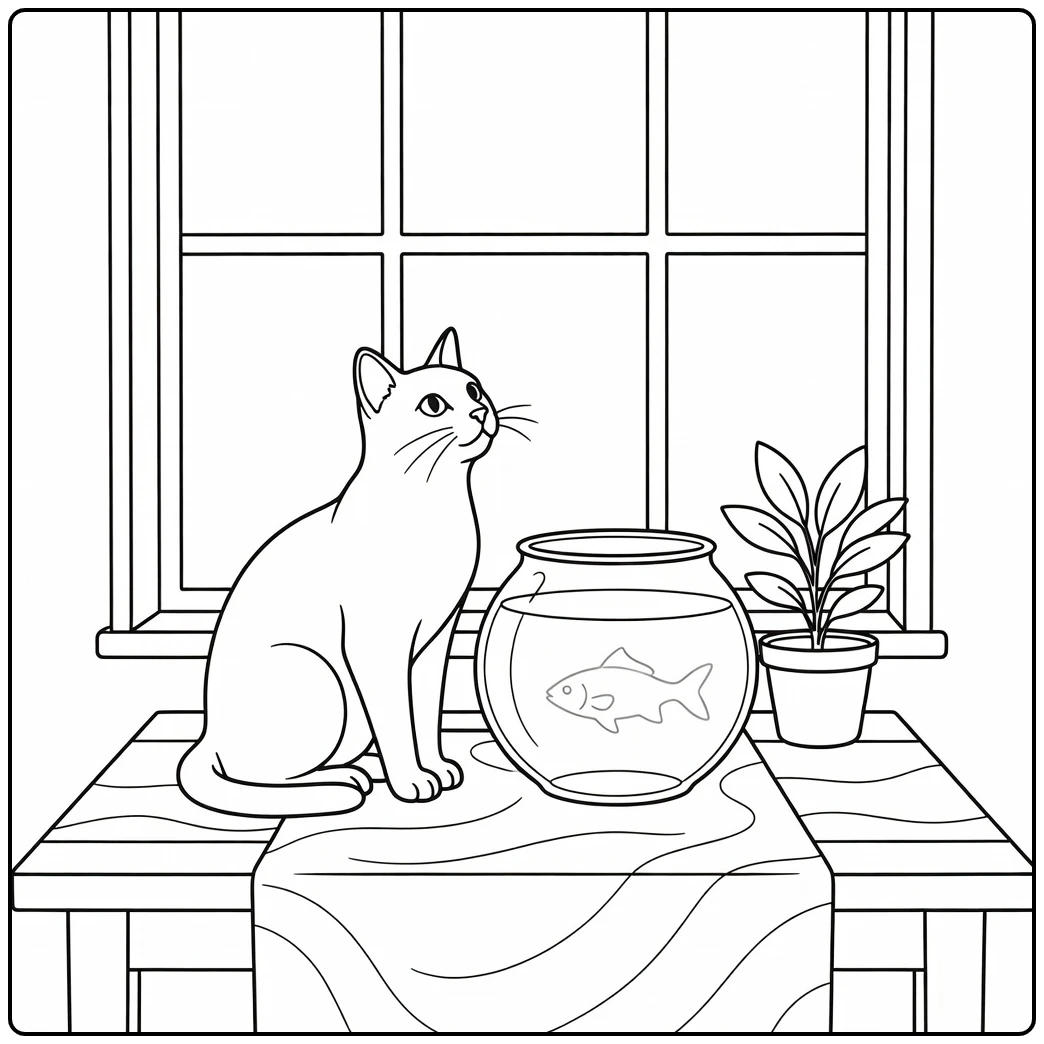 Realistic cat coloring pages: cat watching fishbowl on table