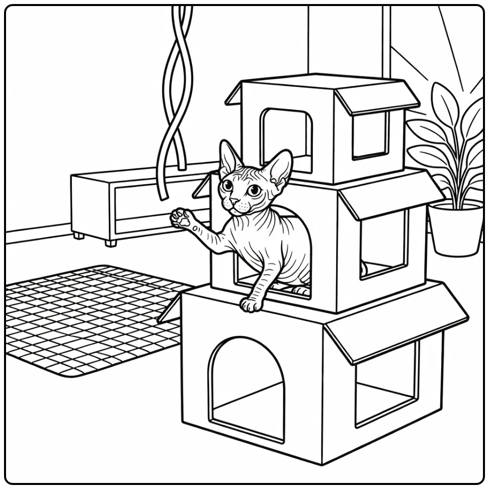 Sphynx cat in multi-level cat house coloring pages