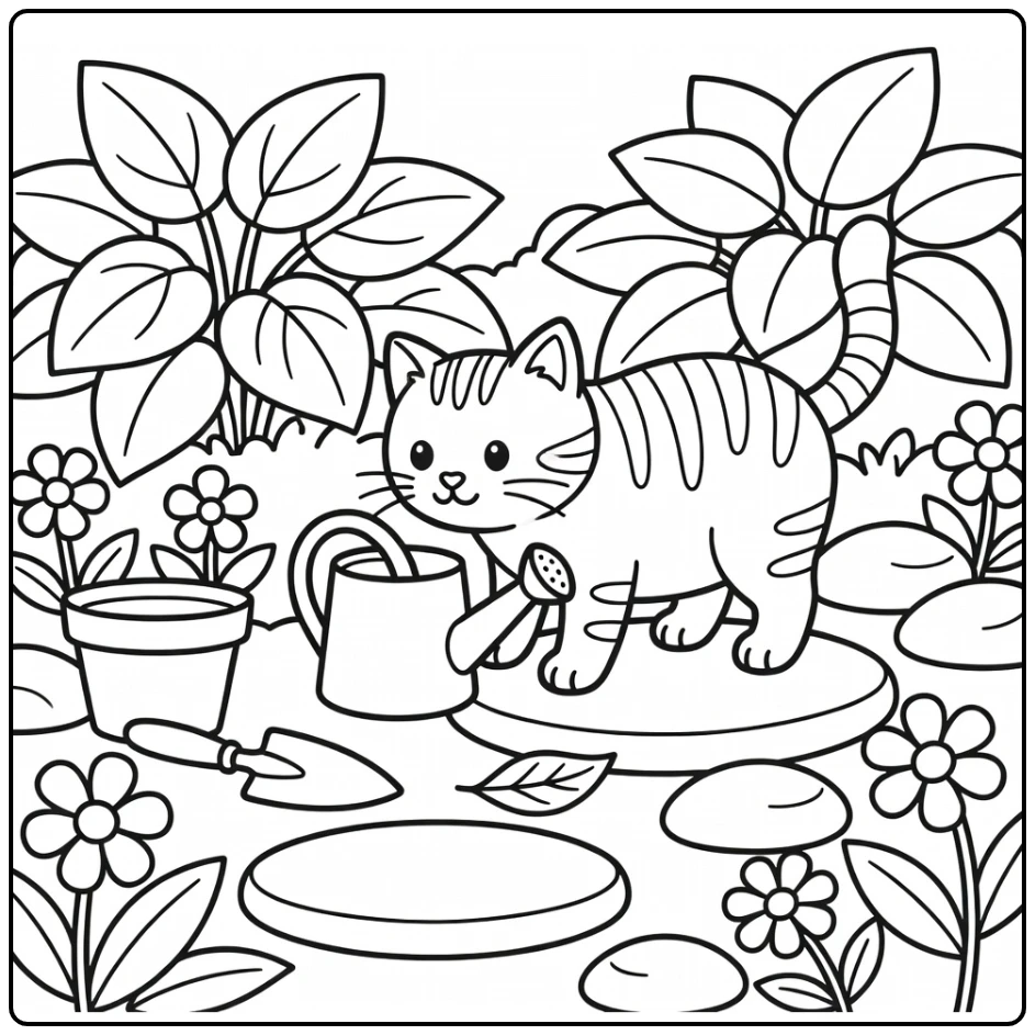 Tabby cat sniffing watering can in garden, tabby cat coloring pages