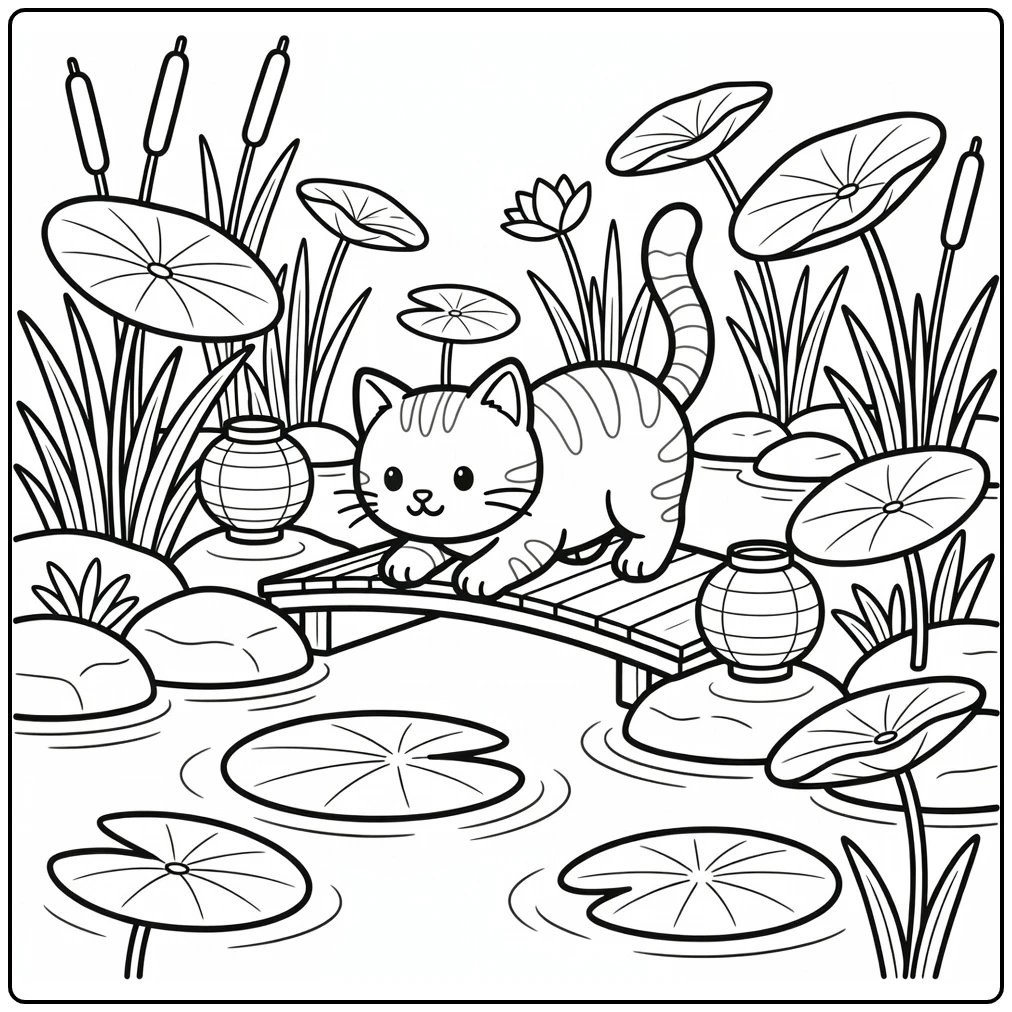 Tabby cat on koi pond bridge lily pad tabby cat coloring pages