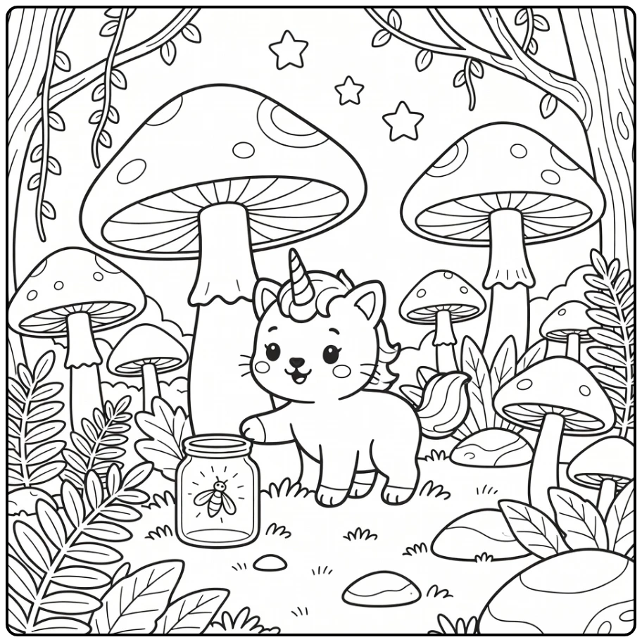 unicorn kitten coloring pages: peeks at firefly jar from mushroom