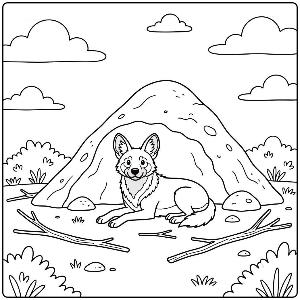 An alert wild dog coloring page resting by a termite mound.