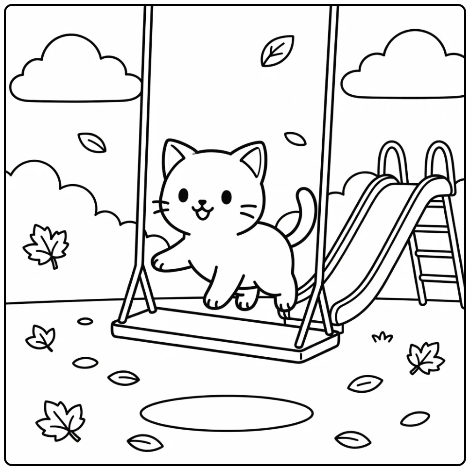 Anime cat on playground swing with slide - anime cat coloring pages