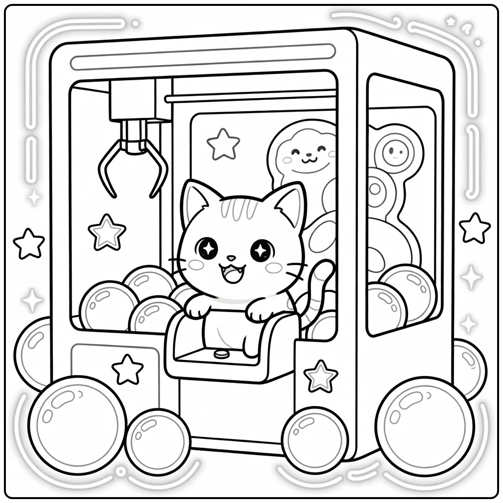 cute anime cat coloring pages: peeking from claw machine
