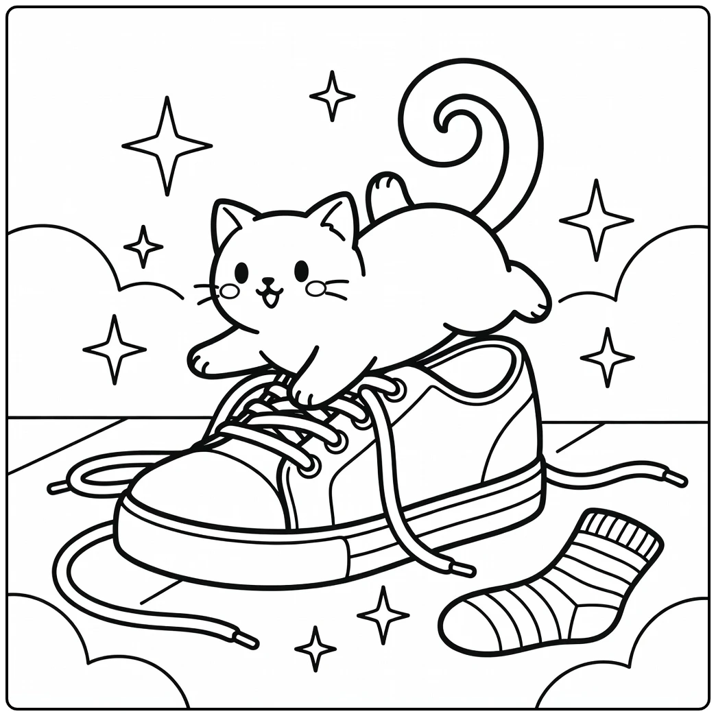 Cute anime cat coloring pages: tumbling into oversized sneaker