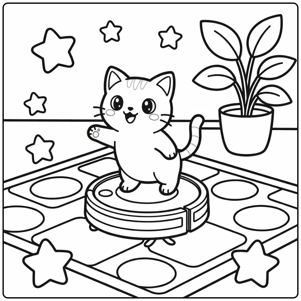 Cute anime cat coloring pages: wobbly cat on robot vacuum