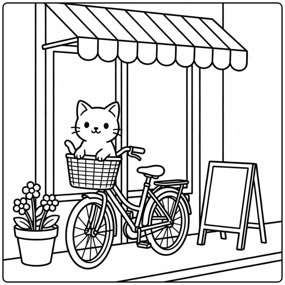Anime cat peeking from bike basket by cafe, anime cat coloring pages