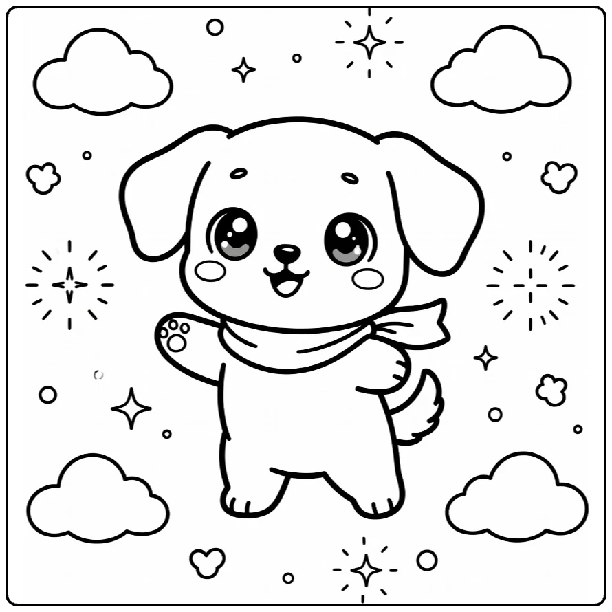Anime Puppy Coloring Page: Big-eyed pup with scarf, sparkles