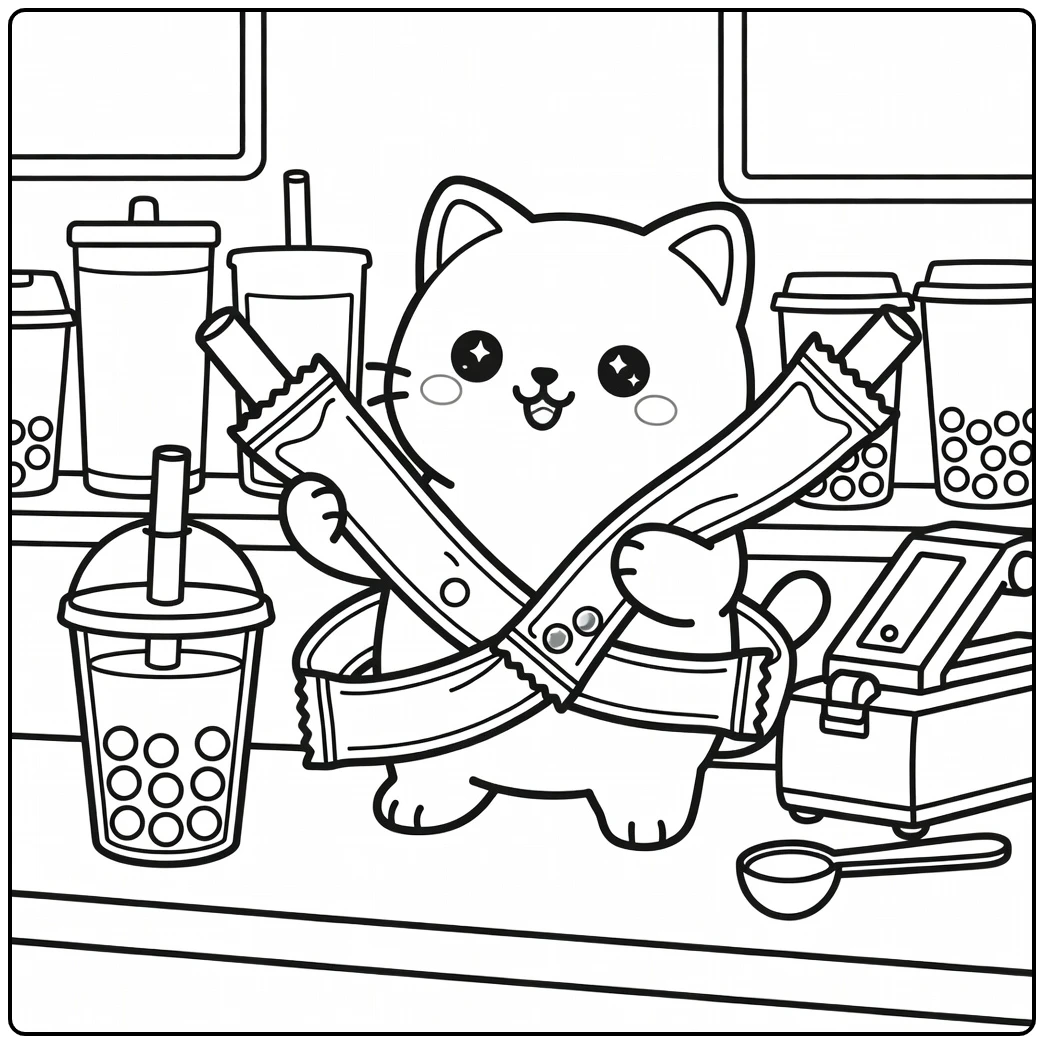 Cute boba cat coloring pages: kitty wrapped in straw wrappers