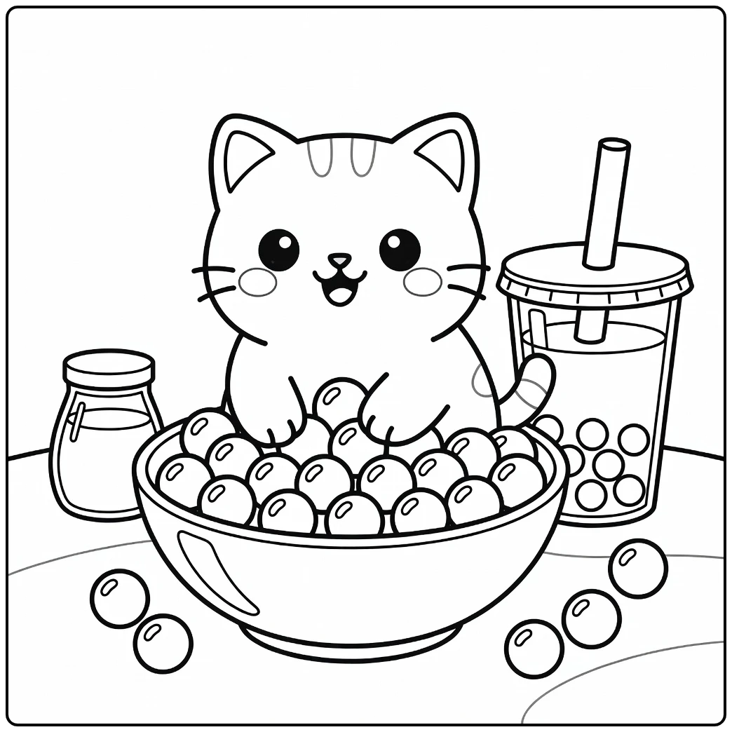 Cute boba cat coloring pages: playful cat in tapioca bowl