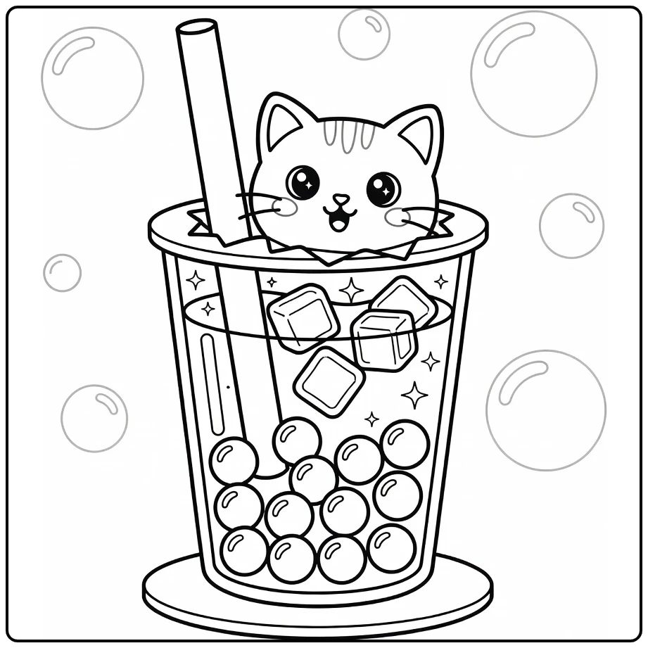 Cute boba cat coloring pages: surprised cat in tea cup