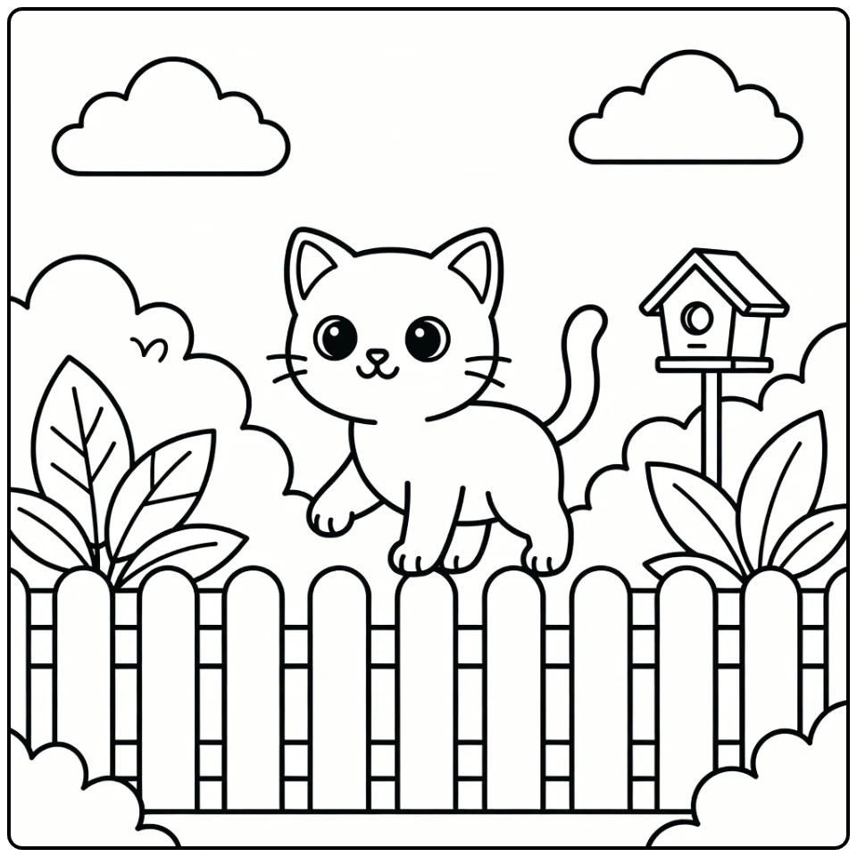 Brave kitten balancing on garden fence, kitten coloring pages