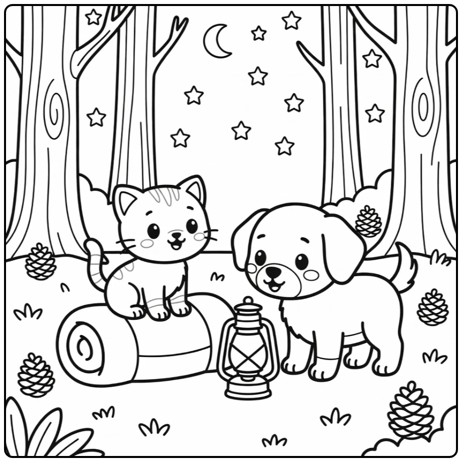 Kitten on sleeping bag & dog at lantern cat and dog coloring pages