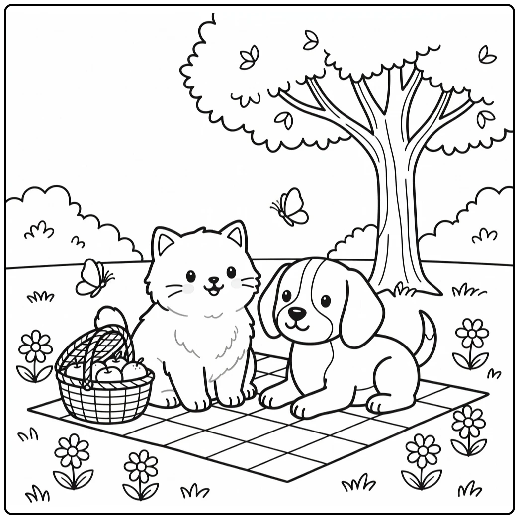 Fluffy cat & beagle picnic scene cat and dog coloring pages
