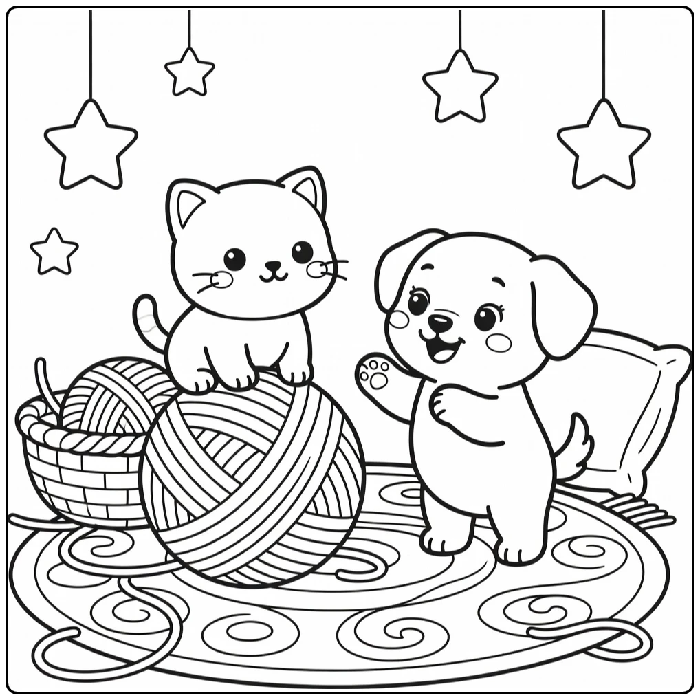 Cute cat and dog coloring pages: kitten on yarn, amused puppy
