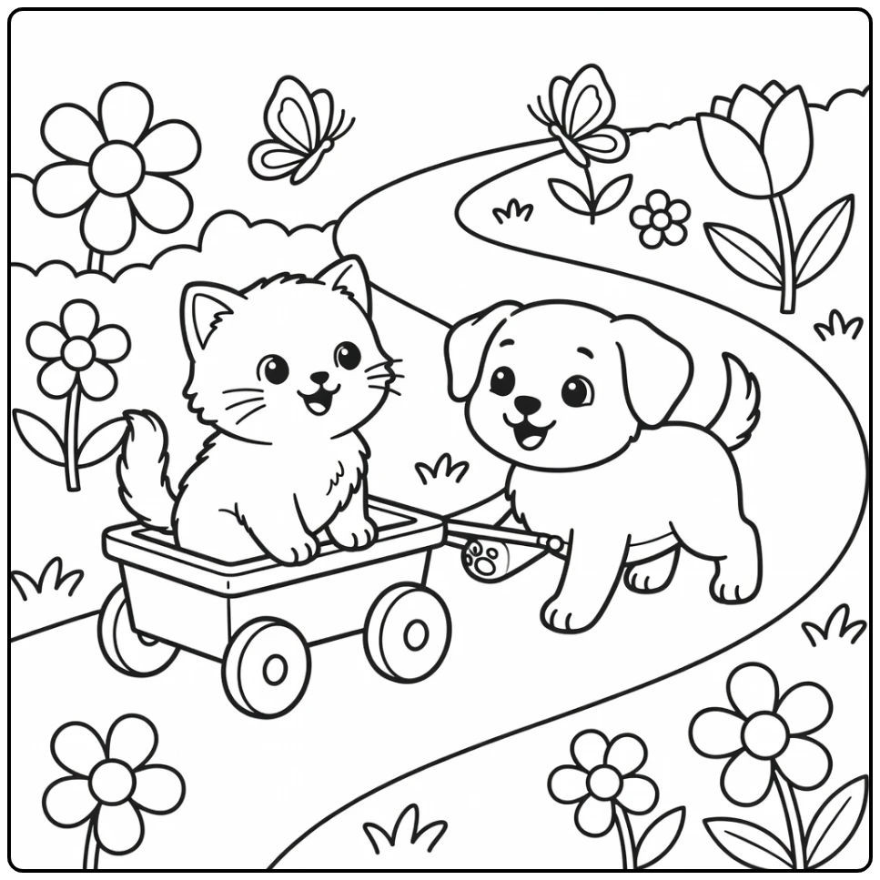 Cute cat and dog coloring pages: kitten in wagon pulled by puppy