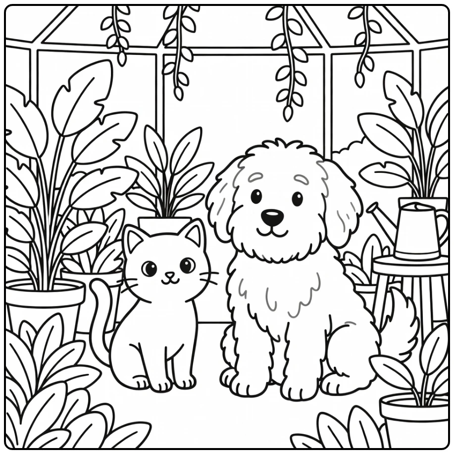 Alert cat & shaggy dog in greenhouse cat and dog coloring pages