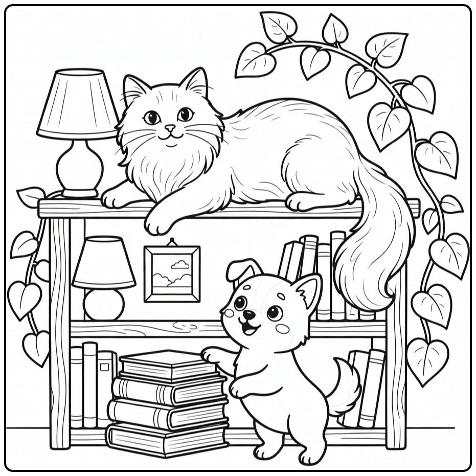 Cat stretching on bookshelf, dog paw on books in cat and dog coloring pages
