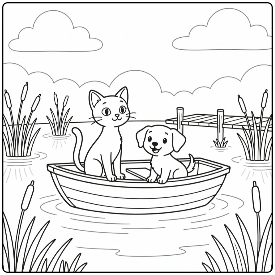 Slim cat & puppy in rowboat on pond - cat and dog coloring pages