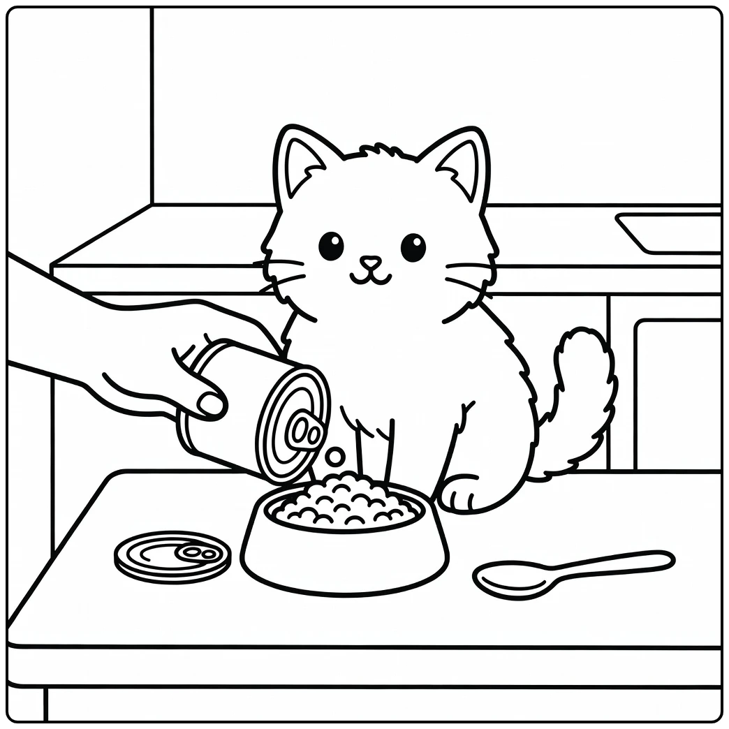 Fluffy cat watches wet food pour into bowl, cat food coloring pages