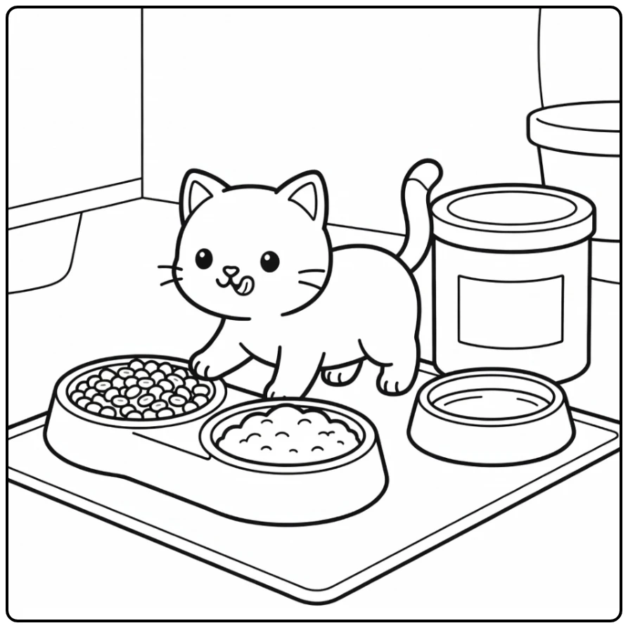 Cat licking lips at kibble & wet food bowls - cat food coloring pages