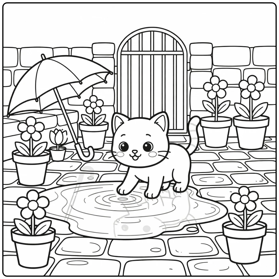 Cute cat coloring pages: kitten tapping rain puddle ripples