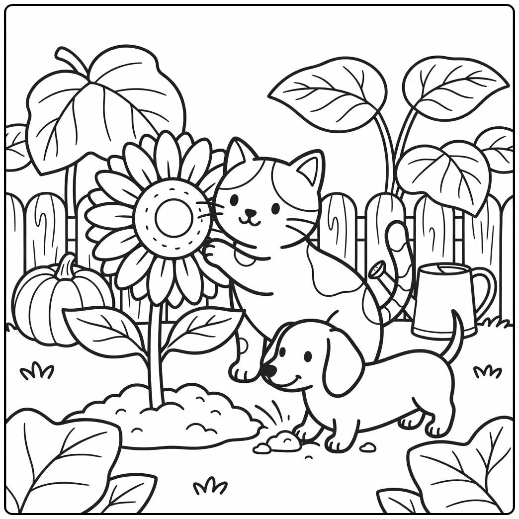 Calico cat sniffing sunflower, dachshund digging: cat and dog coloring pages