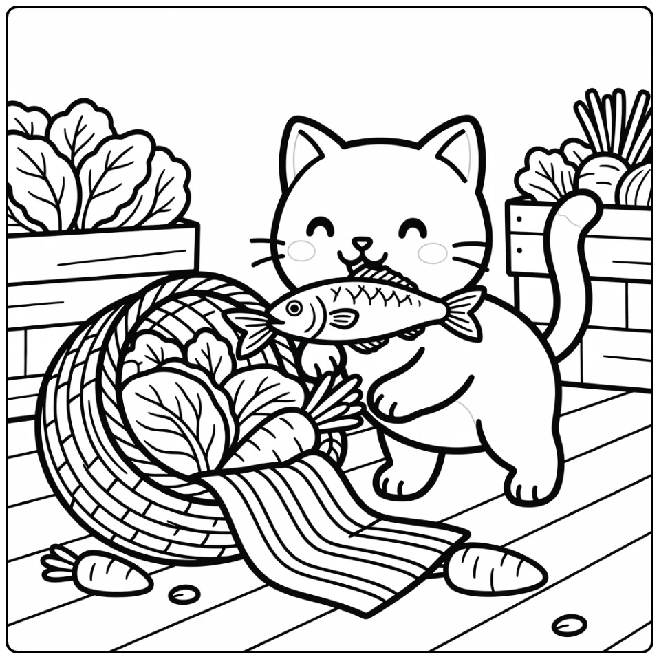 Cat eating food coloring pages: kitty tugs fish from basket